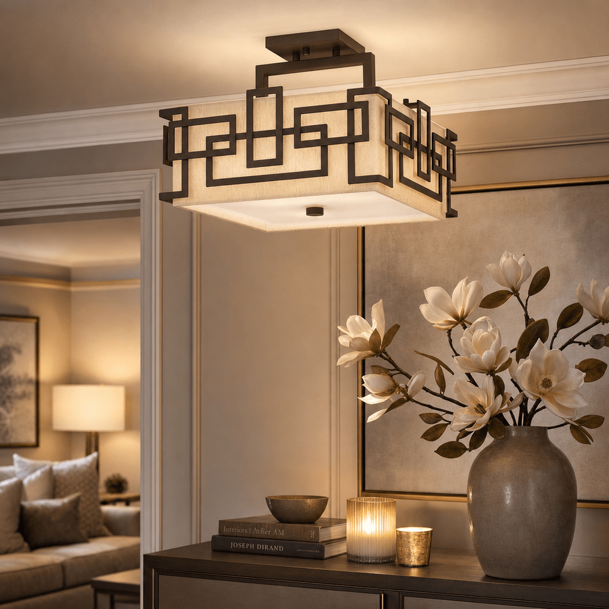 Jennifer Bronze 3 Light Semi-Flush Ceiling Light with Linen Shade Lighting
