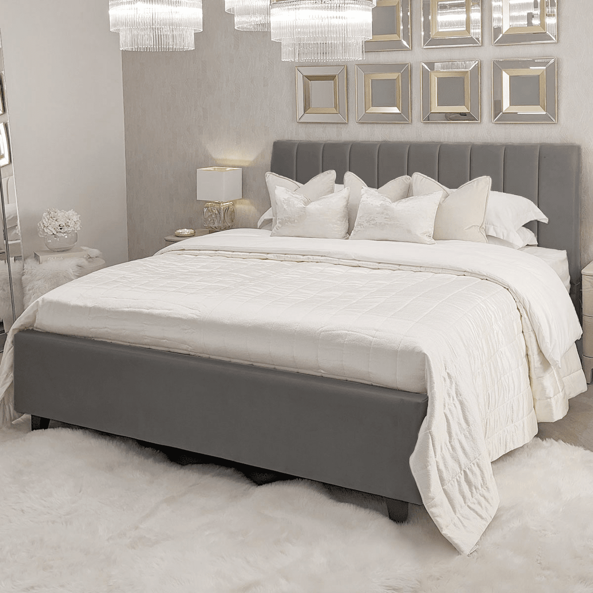 Jessabelle Luxury Grey Velvet Panelled Bed Beds and Headboards