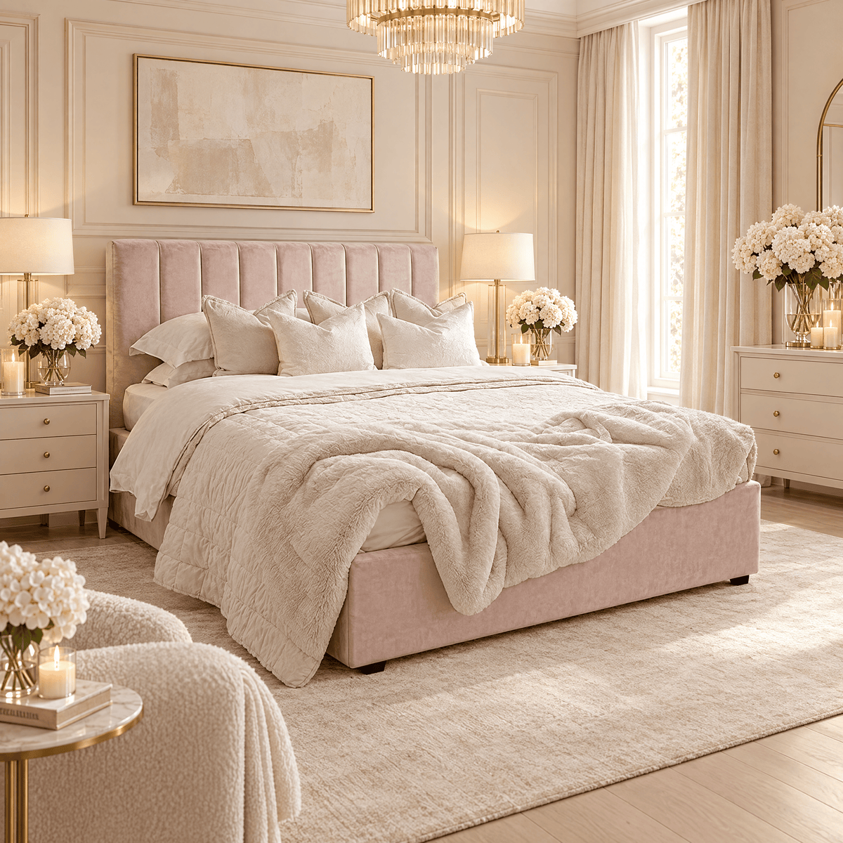 Jessabelle Luxury Petal Pink Velvet Panelled Bed Beds and Headboards
