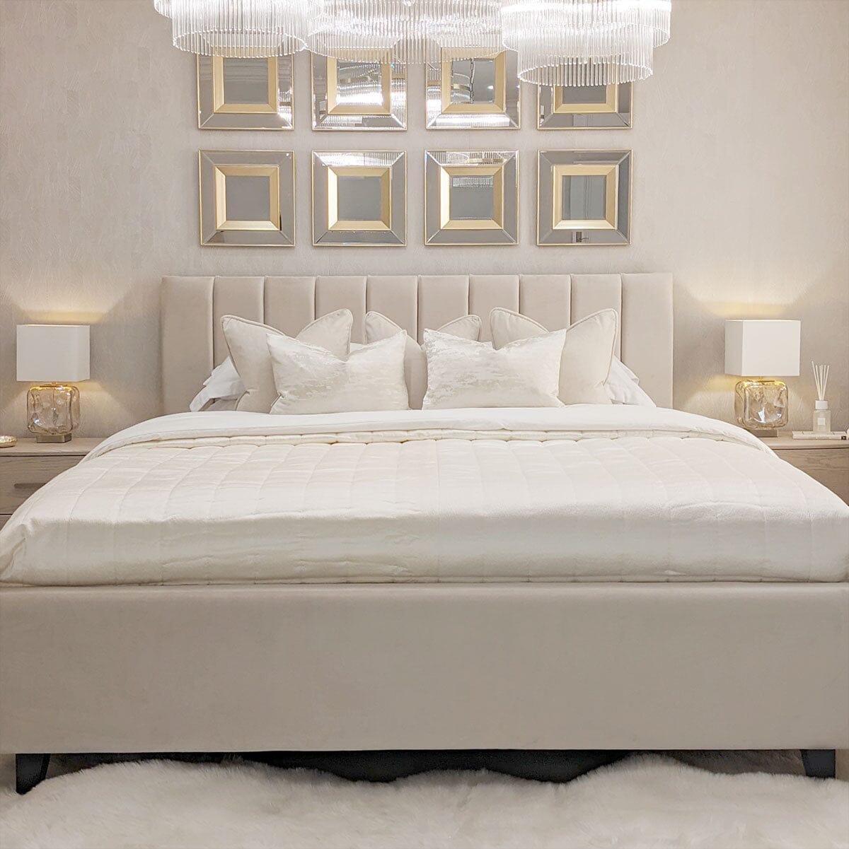 Jessabelle Luxury Vanilla Velvet Panelled Bed Beds and Headboards