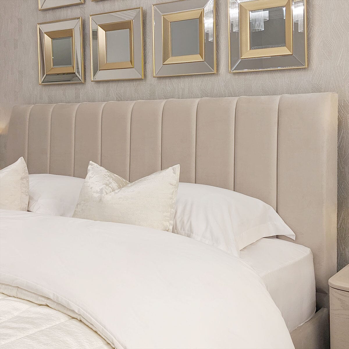 Jessabelle Luxury Vanilla Velvet Panelled Bed Beds and Headboards