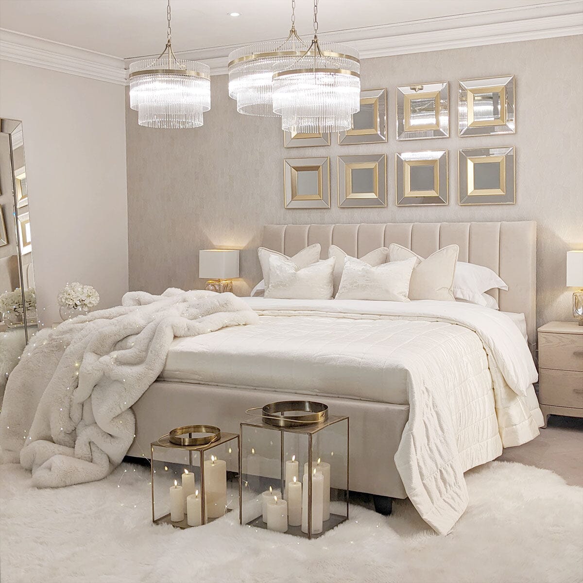 Jessabelle Luxury Vanilla Velvet Panelled Bed Beds and Headboards