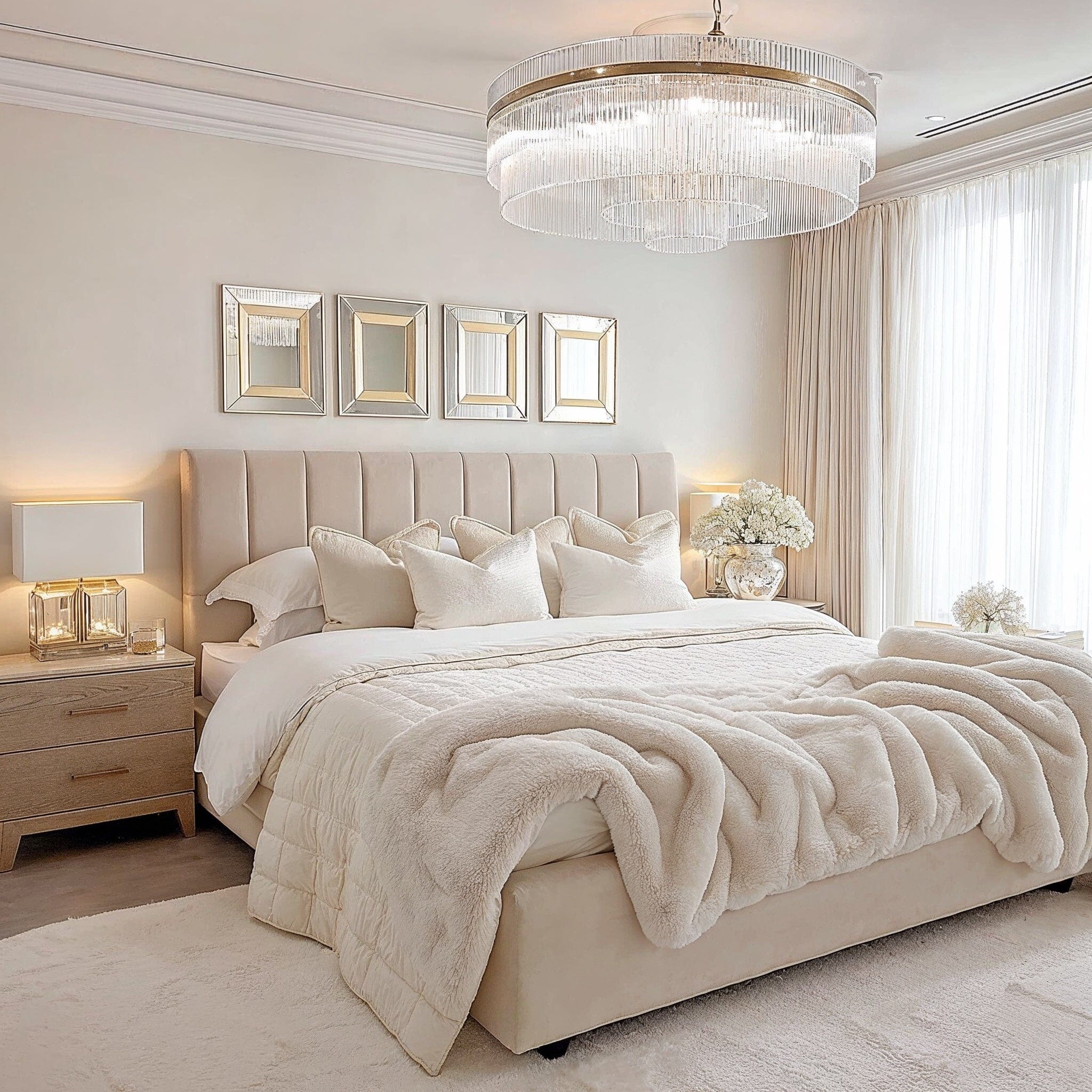 Jessabelle Luxury Vanilla Velvet Panelled Ottoman Storage Bed Beds and Headboards