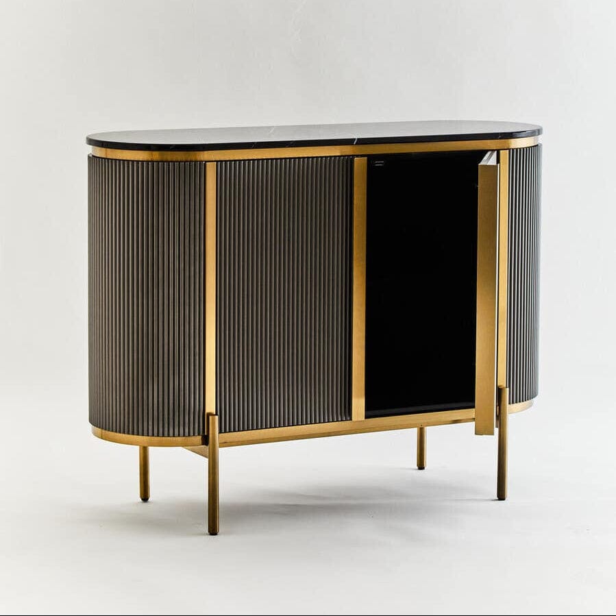 Junia Grey & Gold Ribbed 2 Door Sideboard with Black Marble Top Furniture