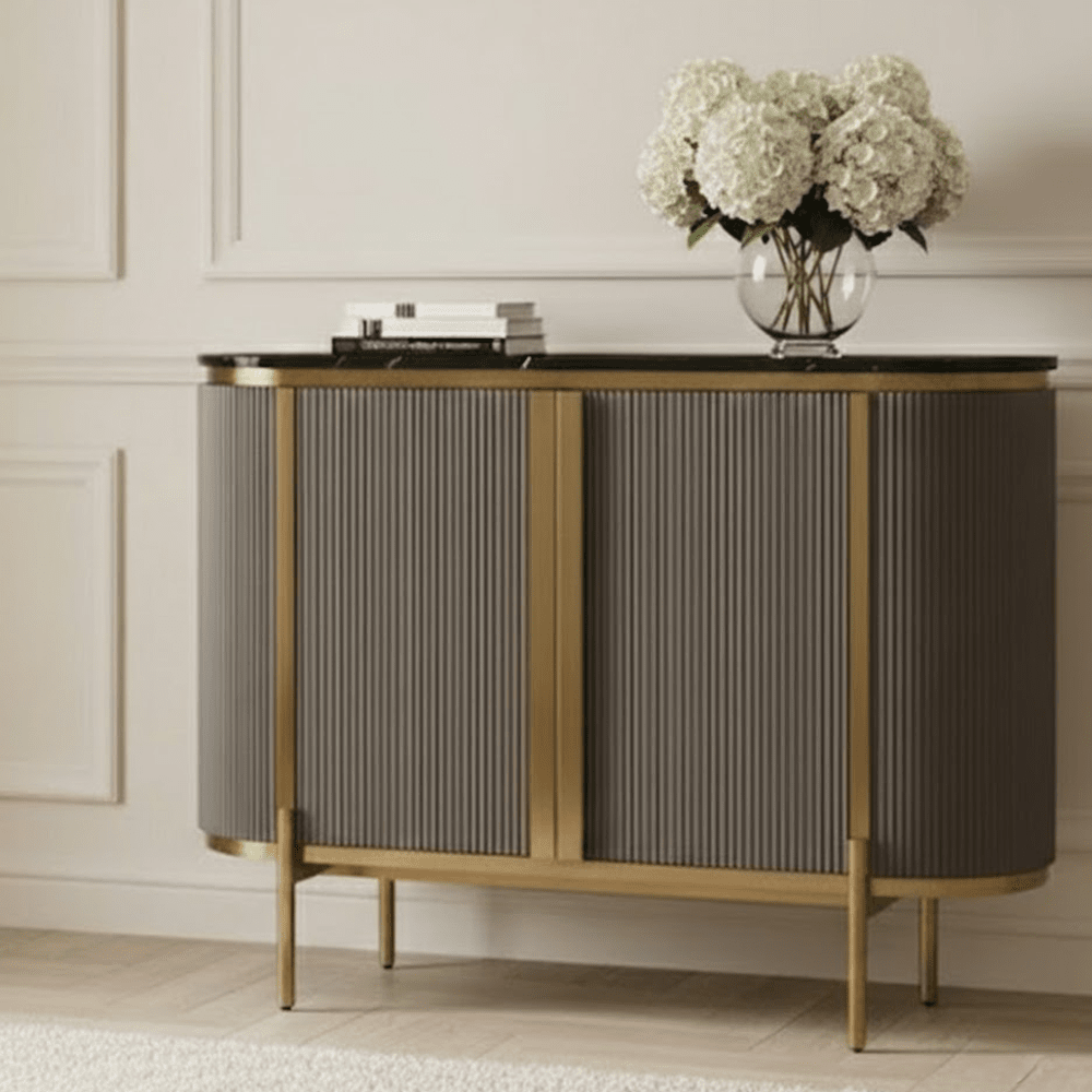 Junia Grey & Gold Ribbed 2 Door Sideboard with Black Marble Top Furniture