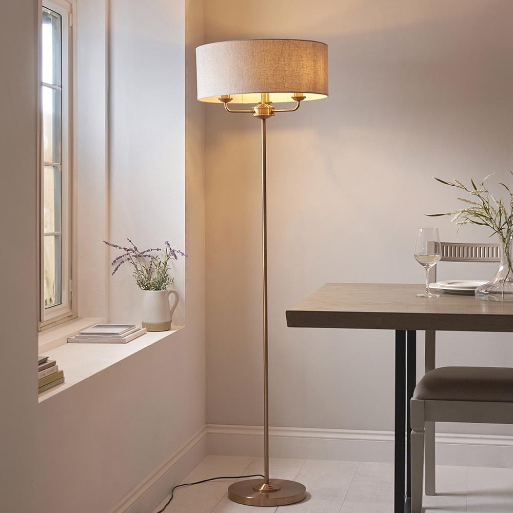 Juniper 3 Light Brass Floor Lamp with Neutral Shade Lighting