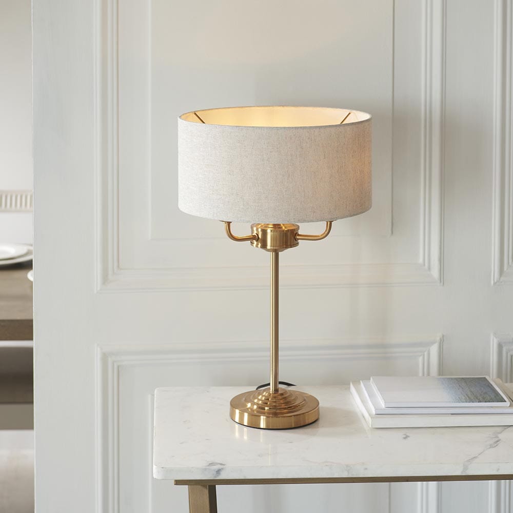 Juniper 3 Light Brass Table Lamp with Neutral Shade Lighting
