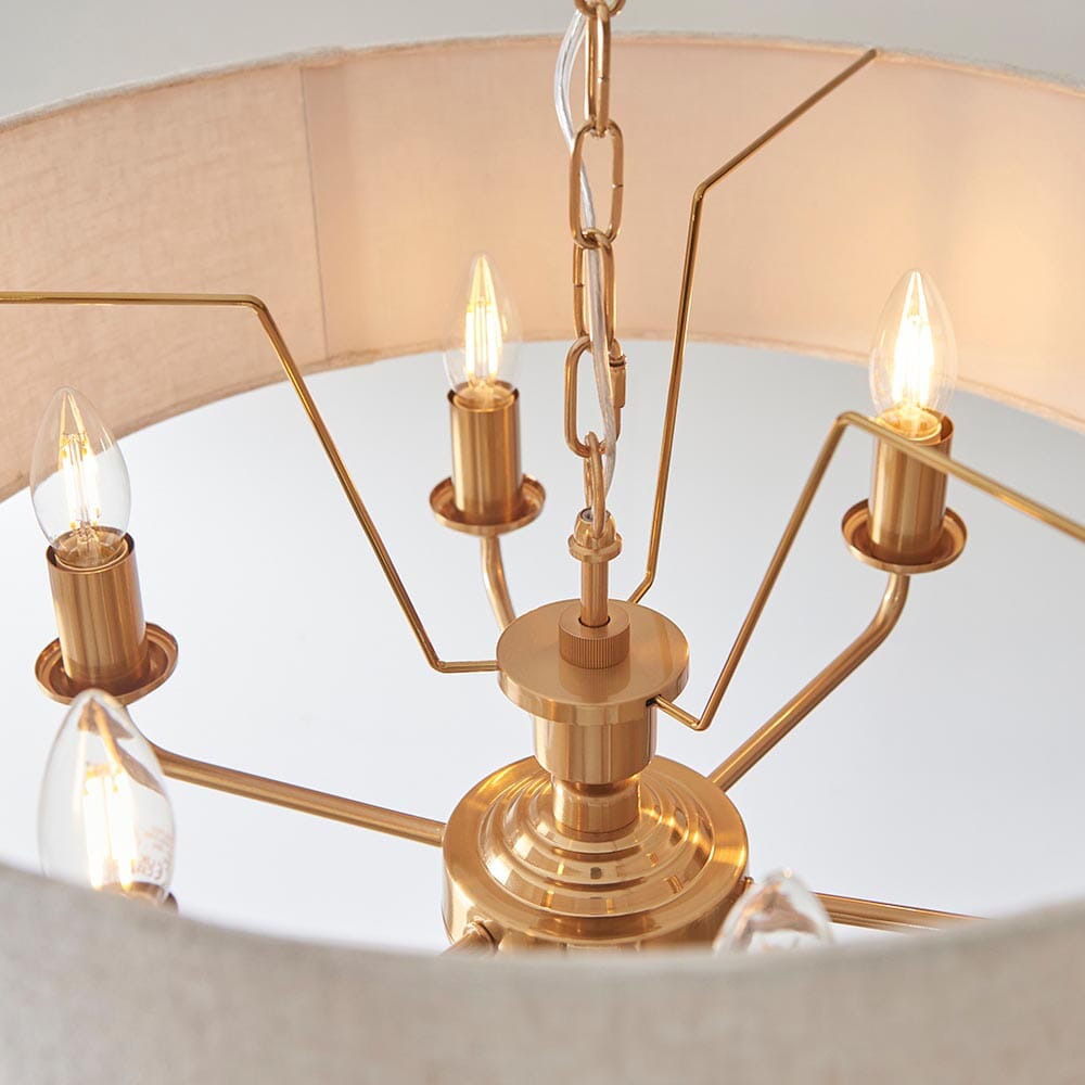 Juniper 6 Light Brass Pendant Ceiling Light with Neutral Shade Lighting