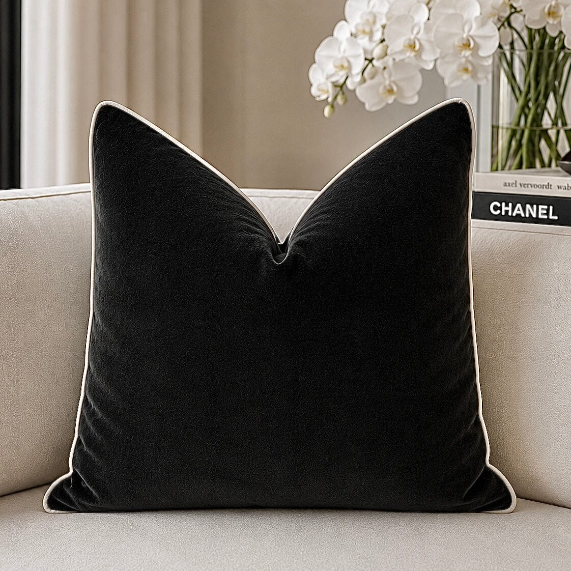 Juniper Black & Cream Velvet Feather Filled Cushion - 45x45cm Textiles