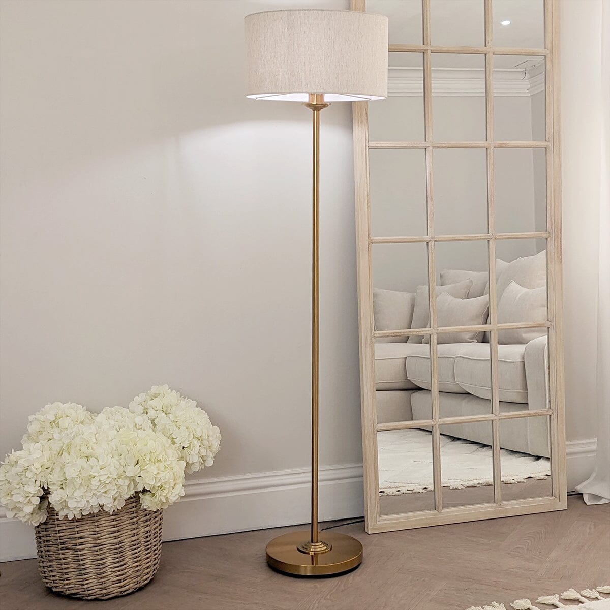 Juniper Brass Floor Lamp with Neutral Shade Lighting