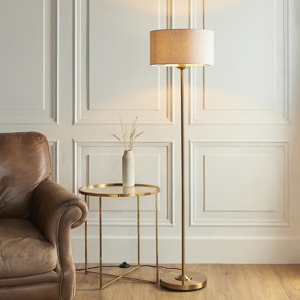 Juniper Brass Floor Lamp with Neutral Shade Lighting