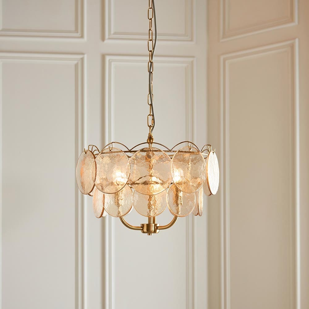 Juno Brushed Brass & Champagne Glass 3 Light Pendant Ceiling Light Lighting