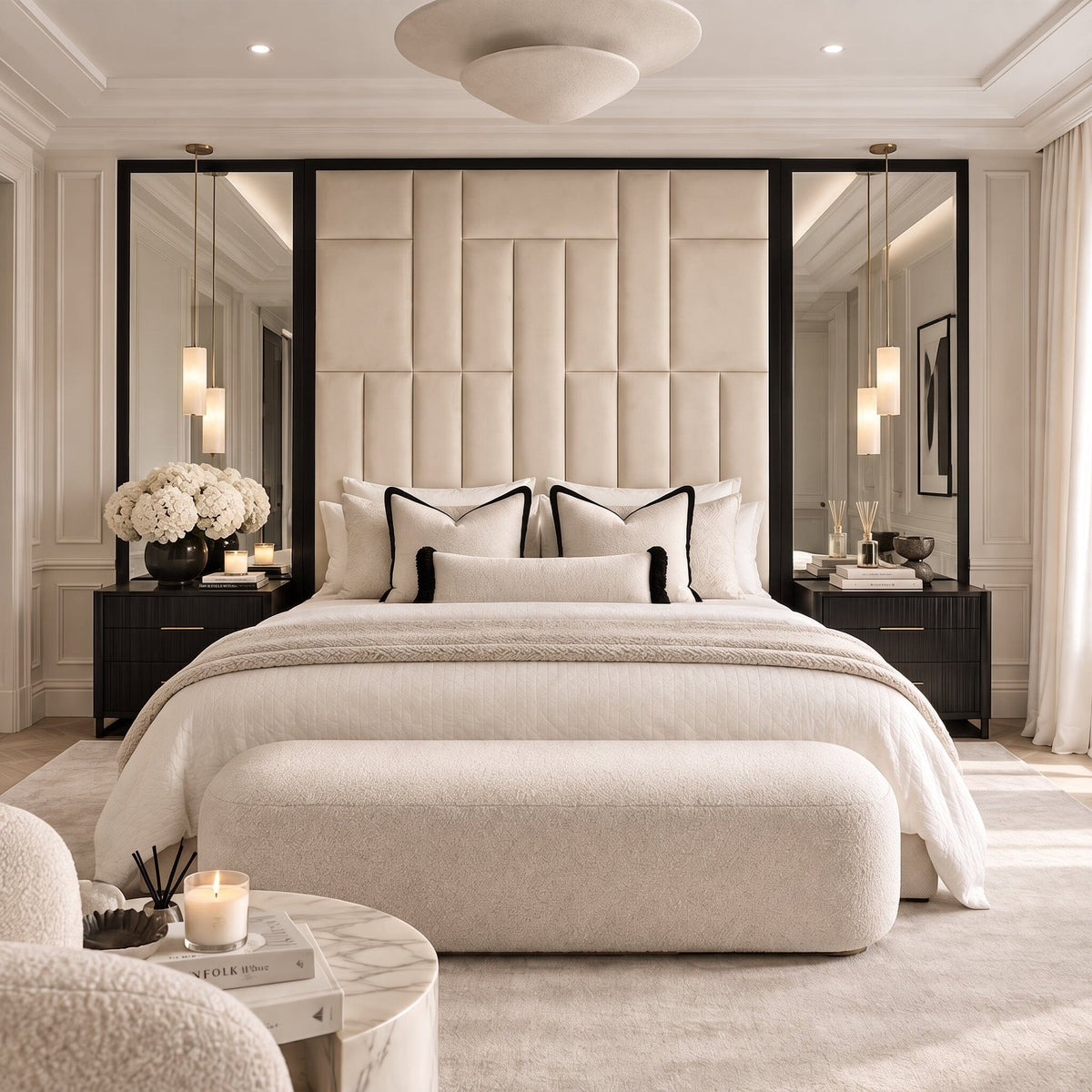 Kensington Cream & Black Premium Abstract Headboard with Natural Mirrored Wings Beds and Headboards