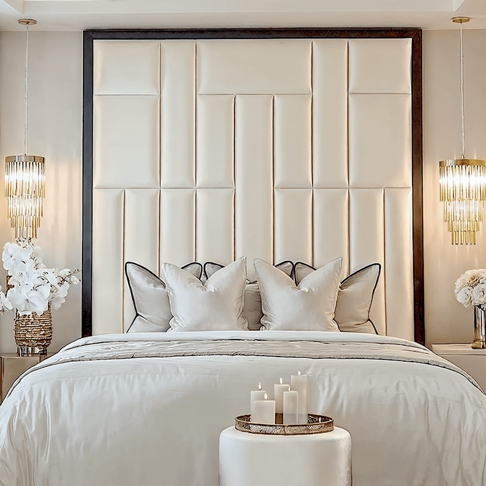 Kensington Serena Vanilla Satin Premium Headboard with Black Frame Beds and Headboards