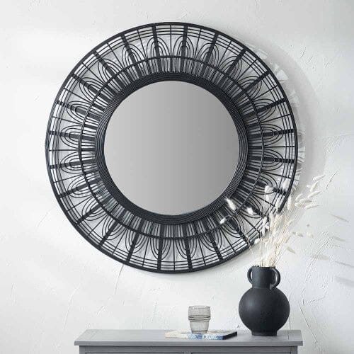 Kiruna Black Bamboo Frame Round Wall Mirror Accessories