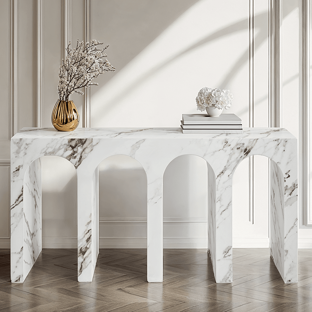 Kyoto Luxury White Marble Effect Arched Console Table Furniture