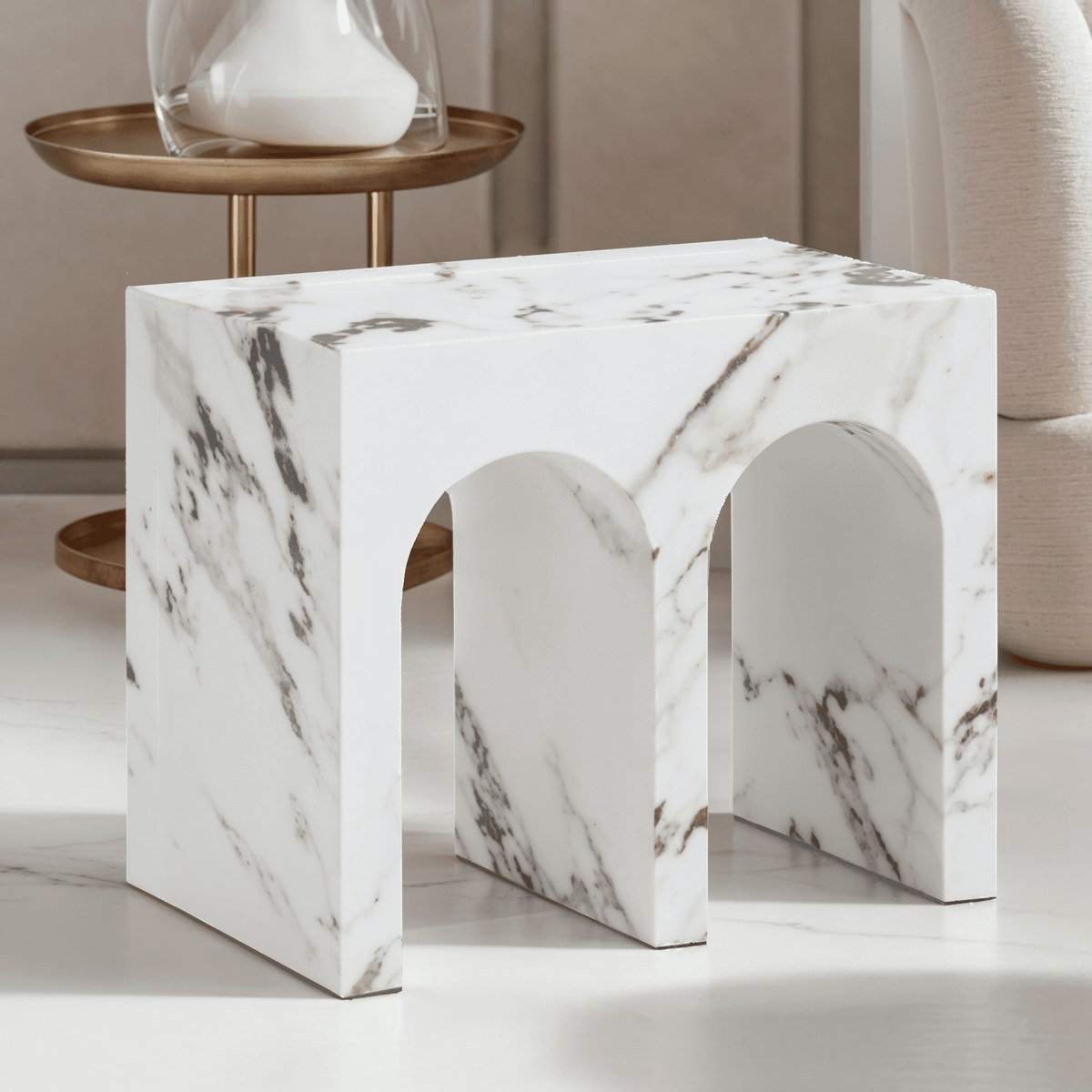 Kyoto Luxury White Marble Effect Large Arched Side Table Furniture