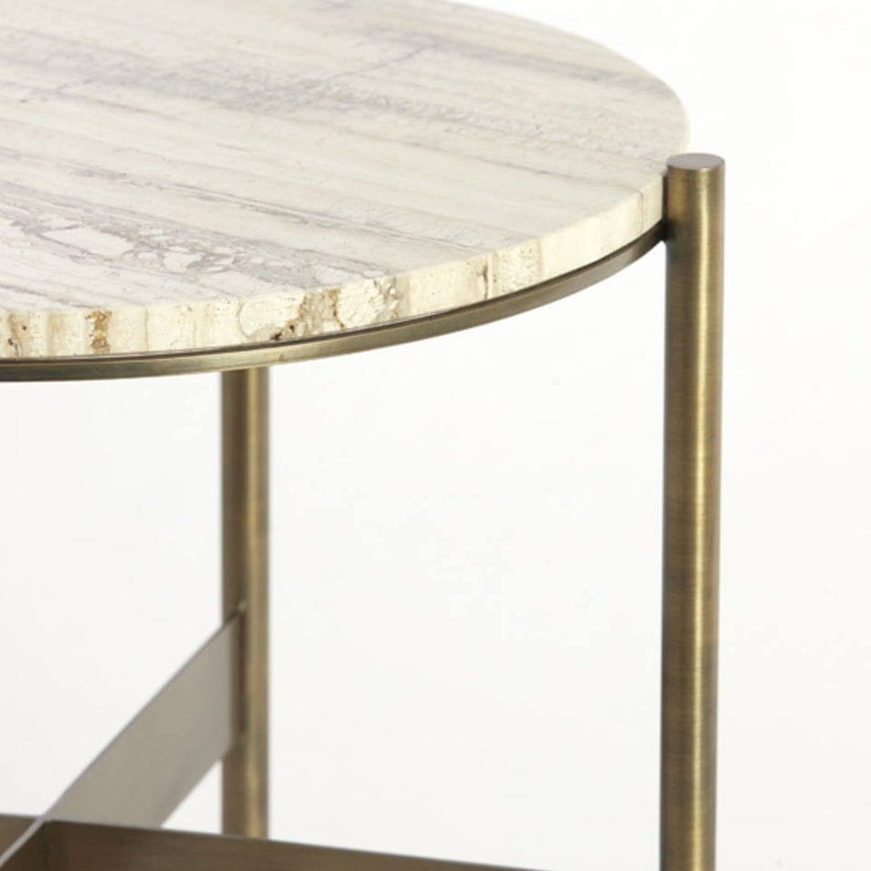 Landis Antique Bronze Round Side Table with Cream Travertine Top Furniture