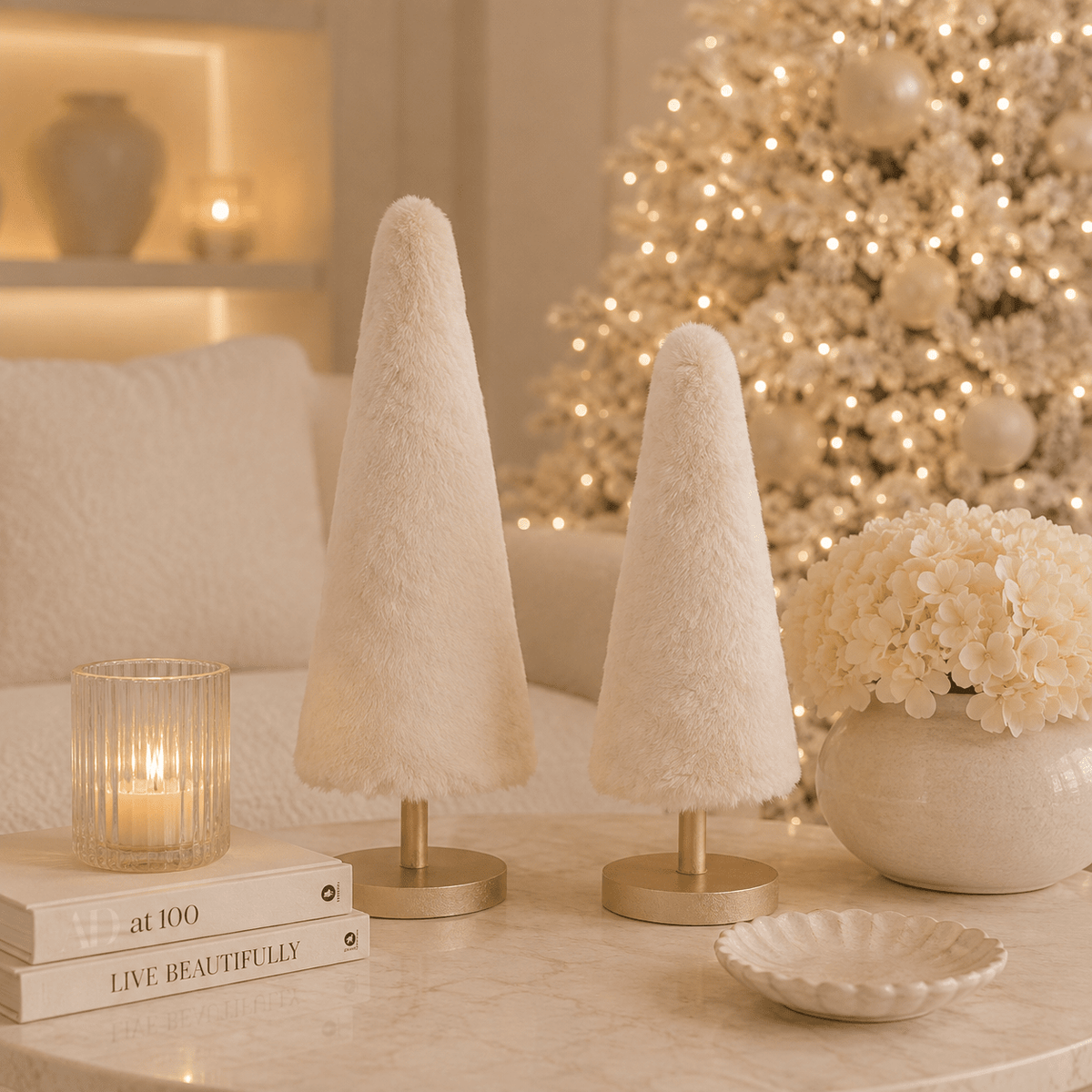 Large Decorative Faux Fur Cream Christmas Tree Ornament Accessories