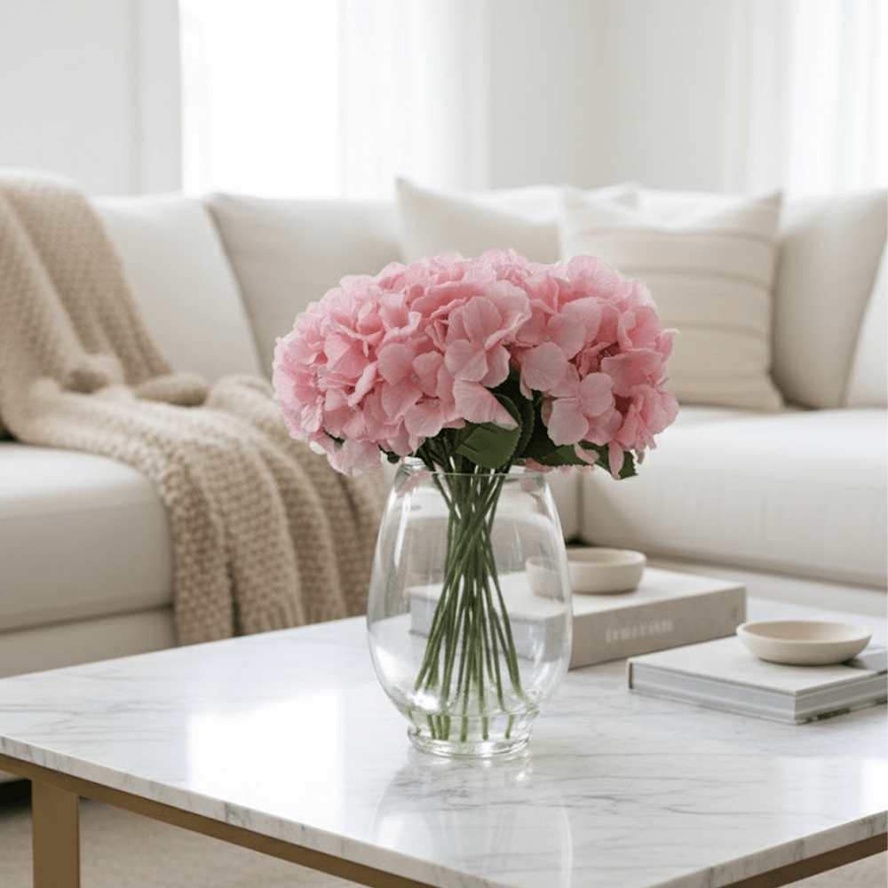 Large Faux Dusky Pink Hydrangeas Floral Arrangement in Fishbowl Vase Accessories