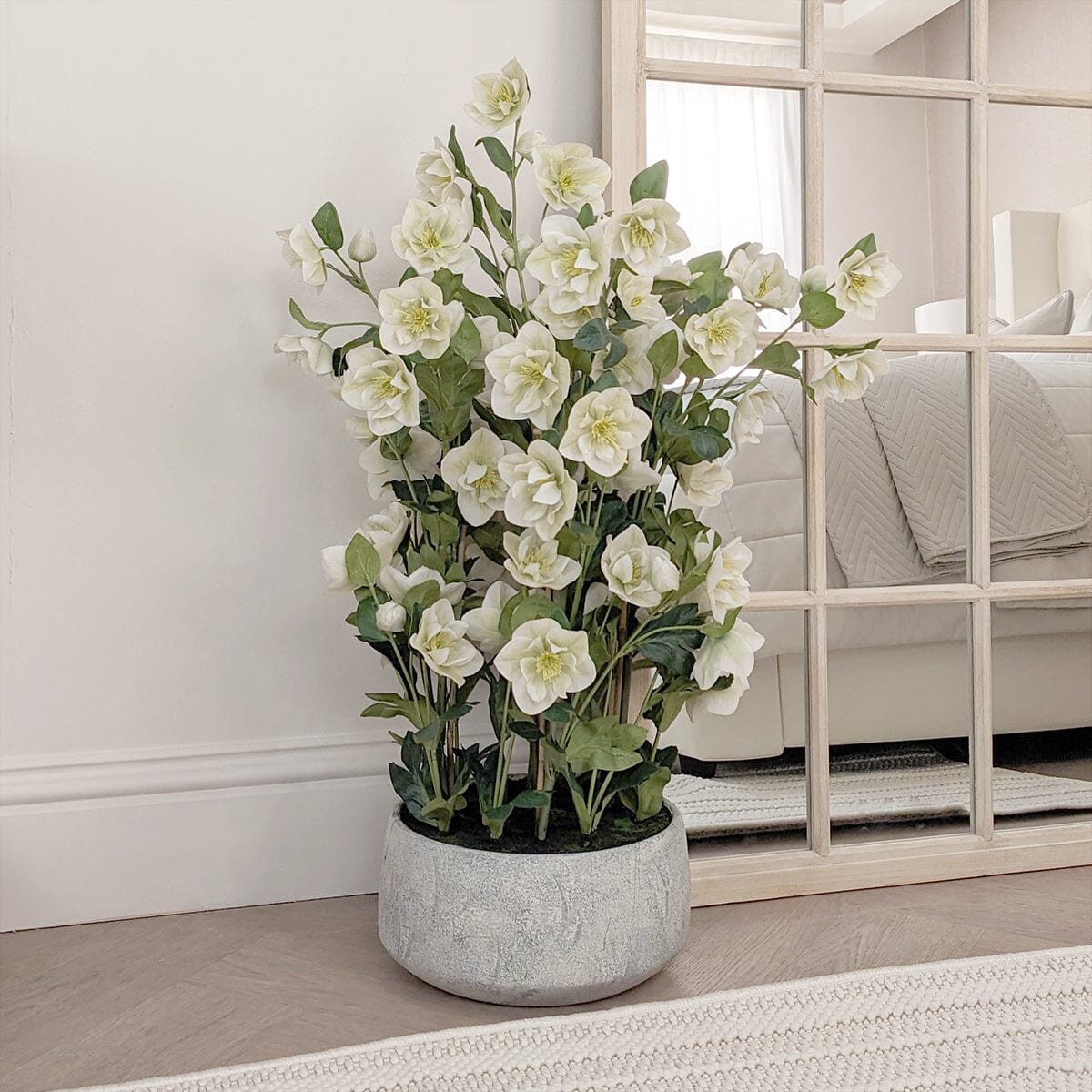 Large Faux White Hellebore Plant in Stone Pot Accessories