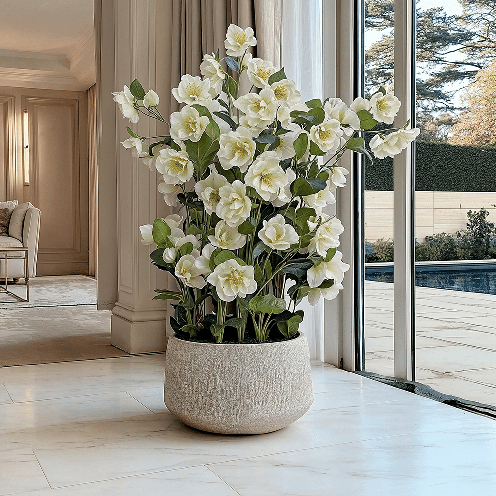 Large Faux White Hellebore Plant in Stone Pot Accessories