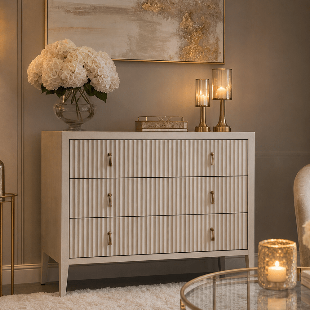 Lettos Whitewash Wooden Ribbed Front 3 Drawer Chest Furniture