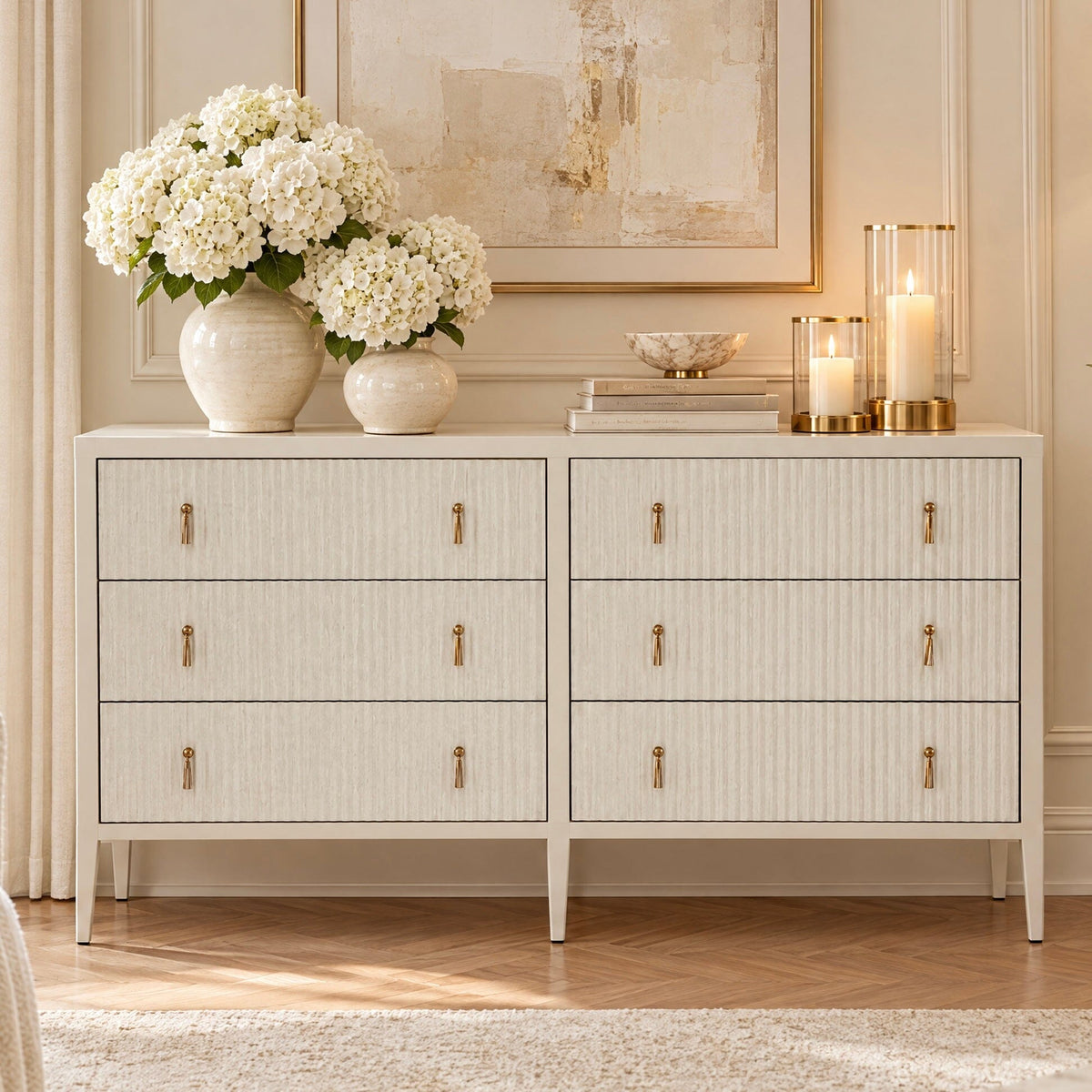 Lettos Whitewash Wooden Ribbed Front 6 Drawer Chest Furniture