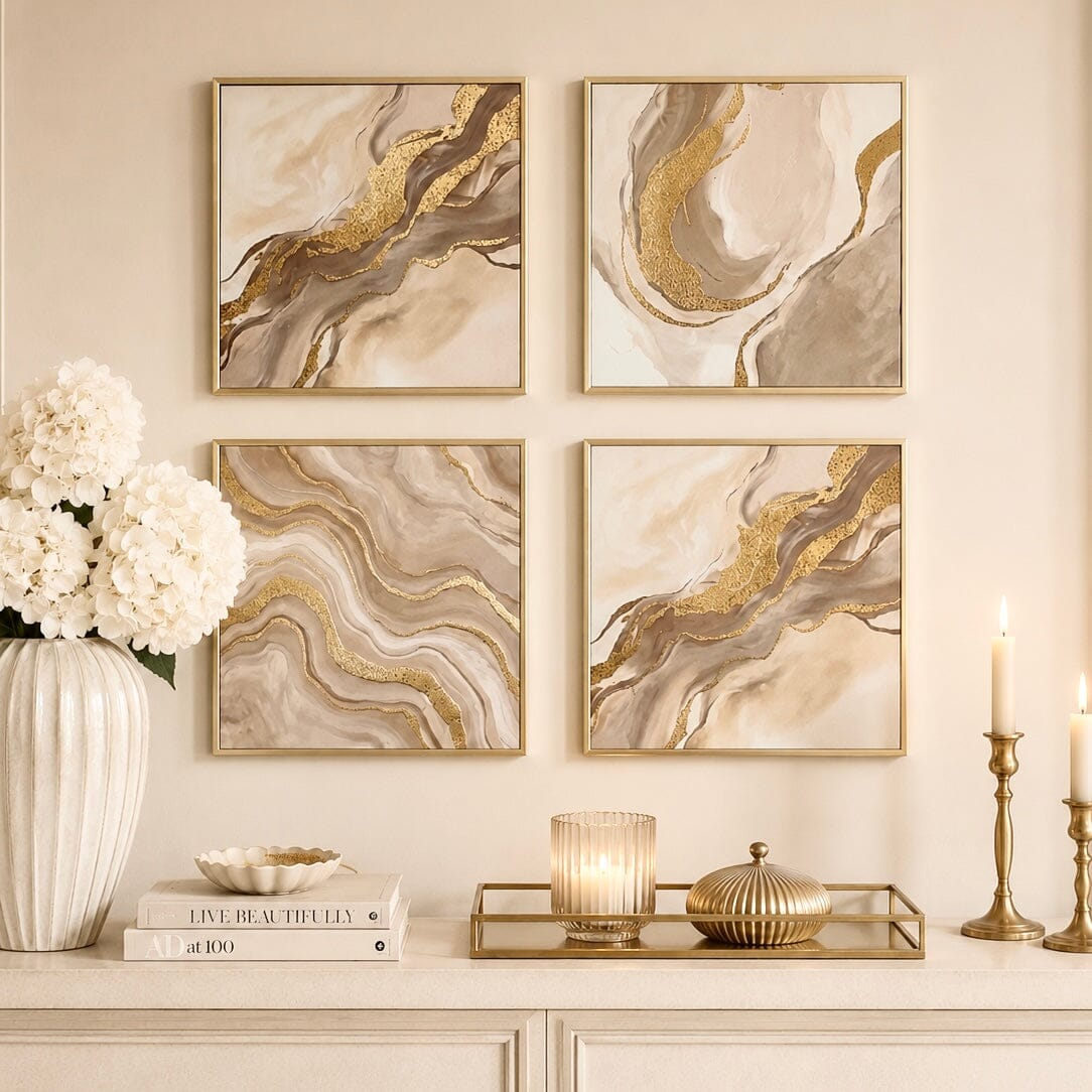 Lindsay Taupe, Cream & Gold Abstract Framed Canvas Wall Art - Set of 4 Accessories