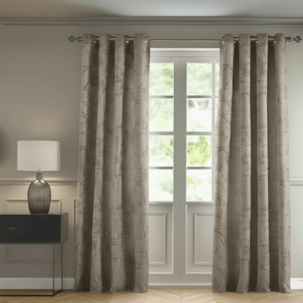 Lola Champagne Jacquard Bamboo Print Eyelet Curtain Pair