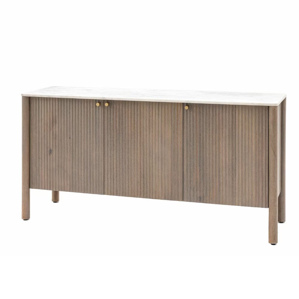 Luna Mango Wood Ribbed 3 Door Sideboard with Marble Top Furniture
