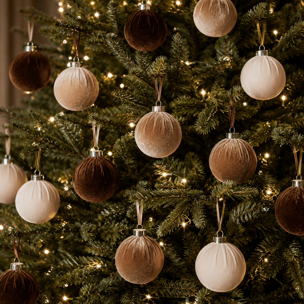 Luxury Brown & Cream Velvet Baubles - Set of 15 Accessories