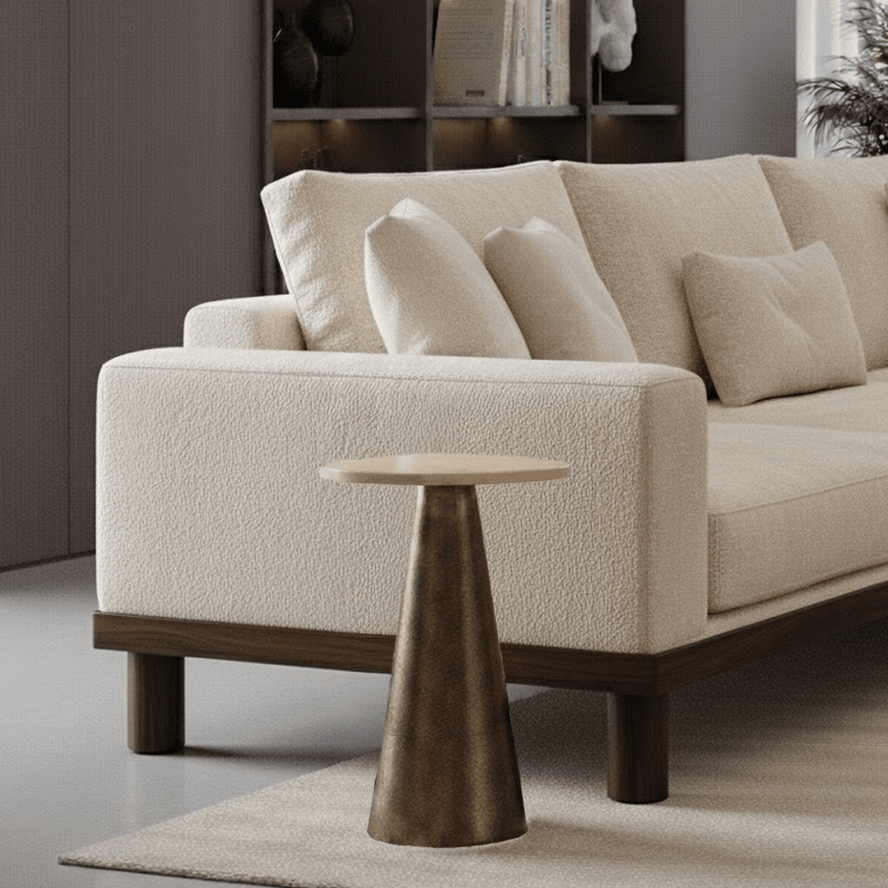 Macci Antique Brass Round Side Table with Travertine Top Furniture