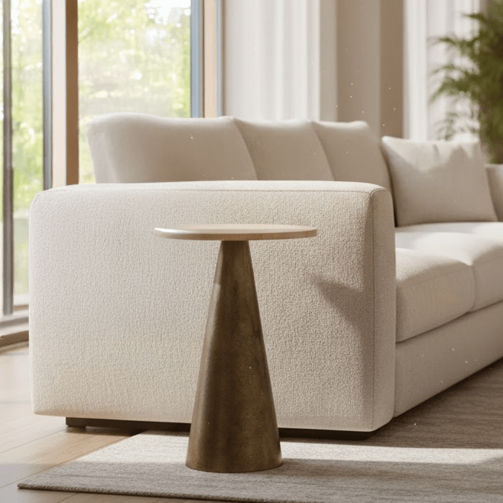 Macci Large Antique Brass Round Side Table with Travertine Top Furniture