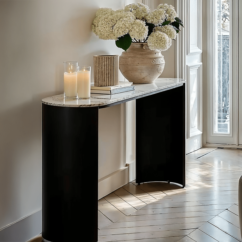 Macie Black Curved Console Table with Marble Top Furniture