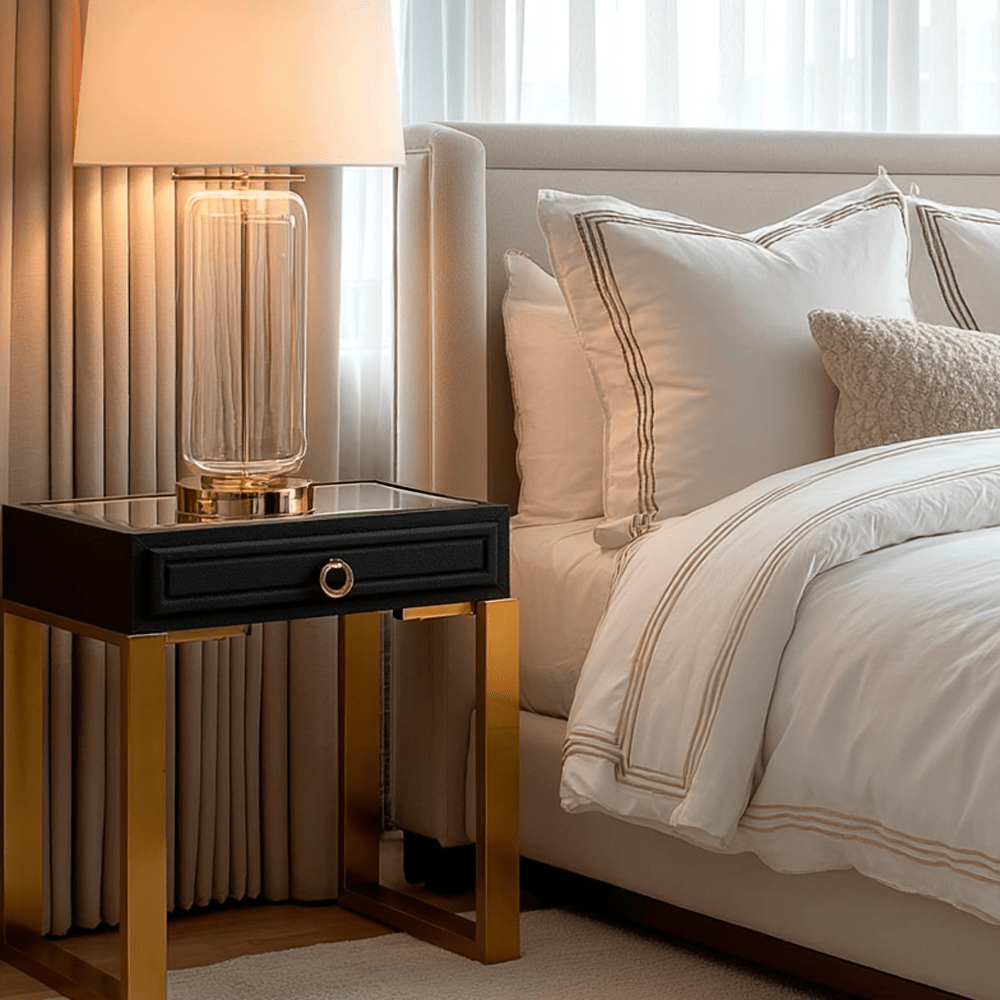 Maja Black Faux Shagreen 1 Drawer Bedside Table with Gold Legs Furniture