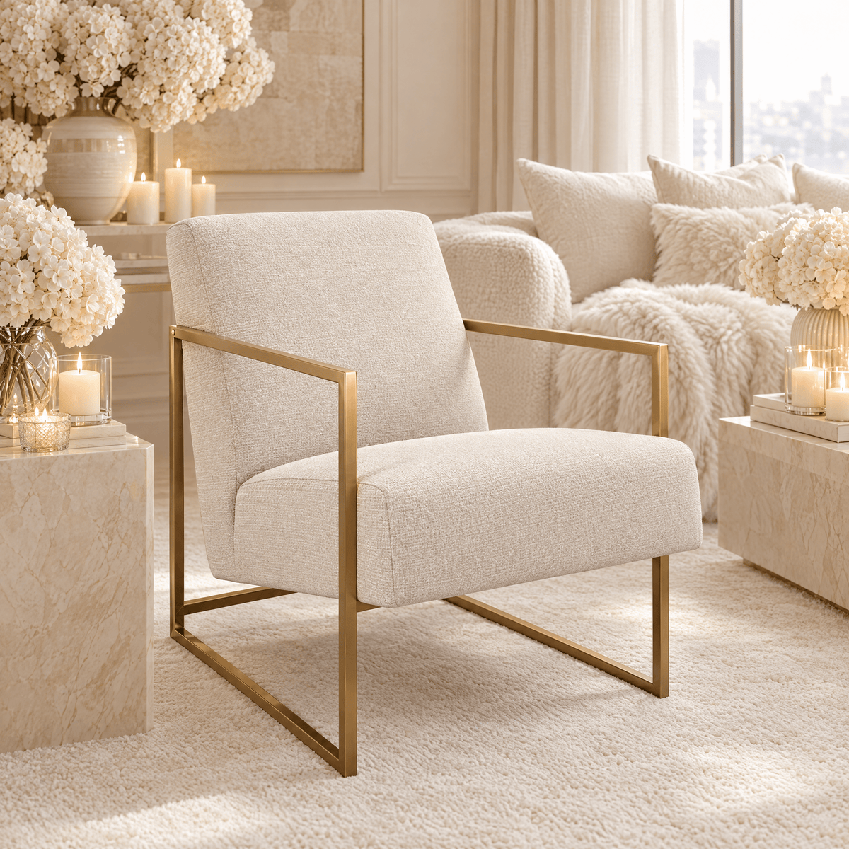 Manila Cream Textured Accent Chair with Gold Frame Furniture
