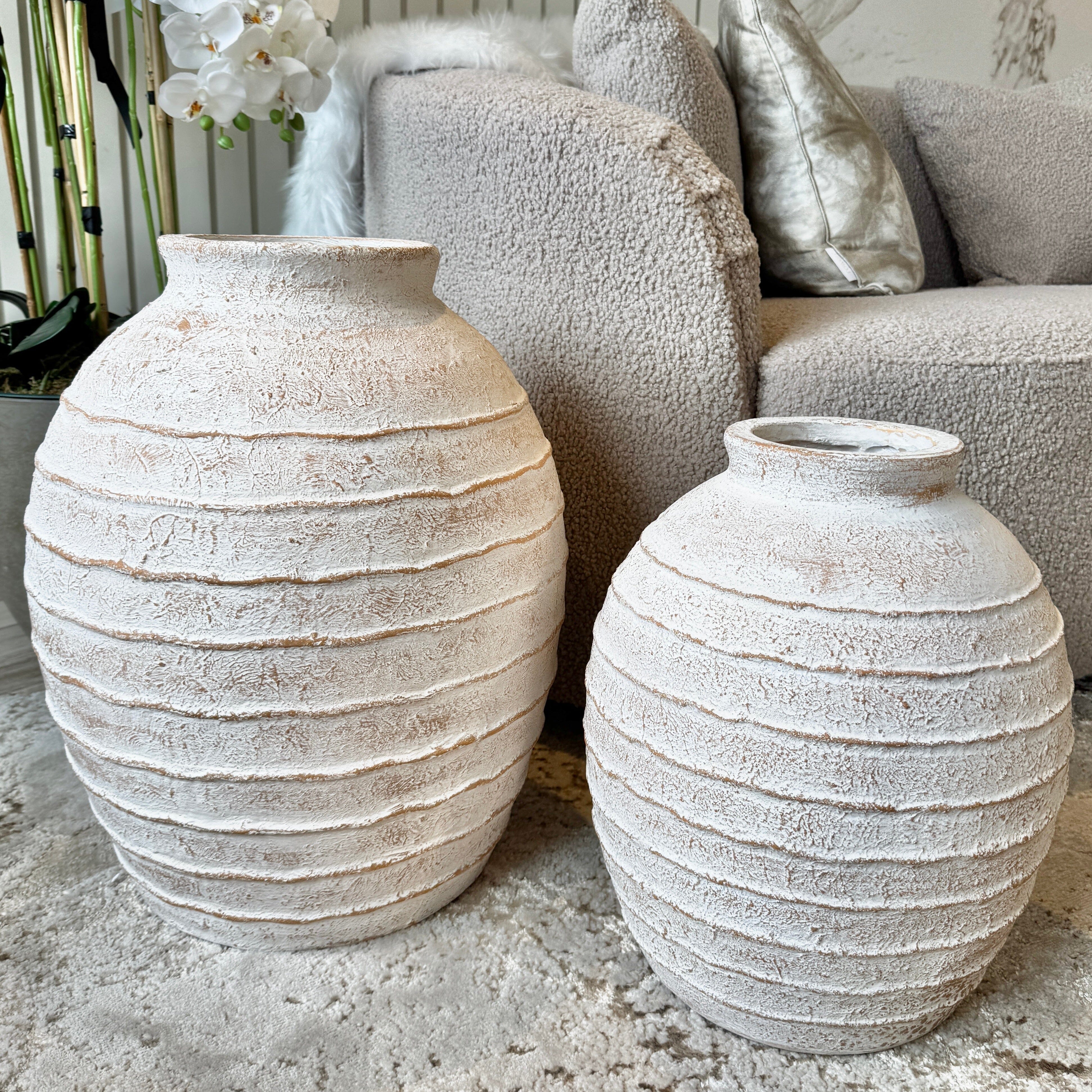 Marella Large Distressed White Wash Decorative Ribbed Vase Accessories