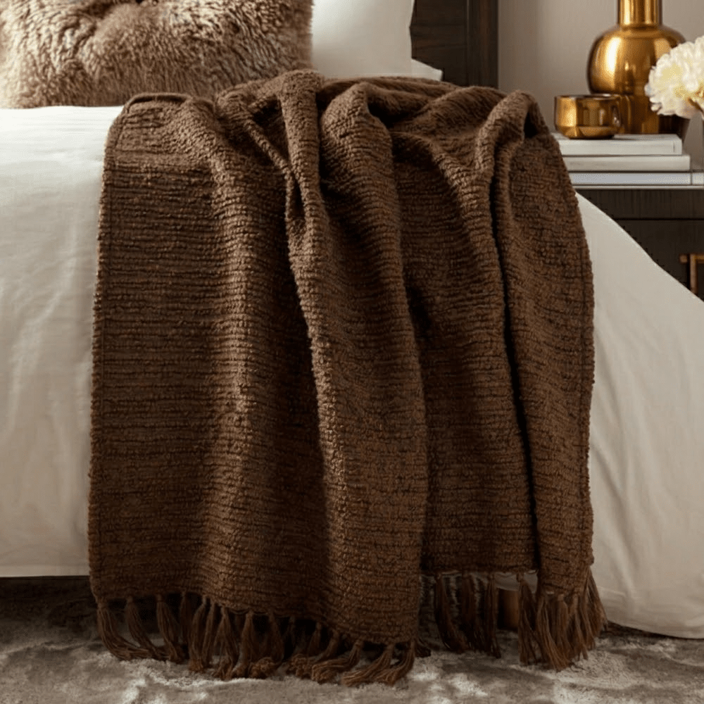 Marni Brown Boucle Textured Tasselled Throw Textiles