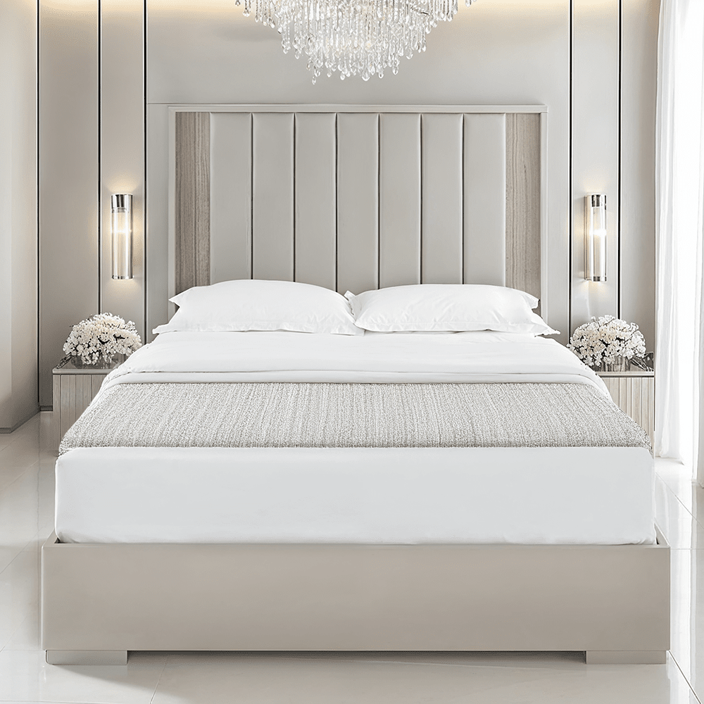 Maya Luxury Greige Channelled Bed with Integrated LED Lights Beds and Headboards