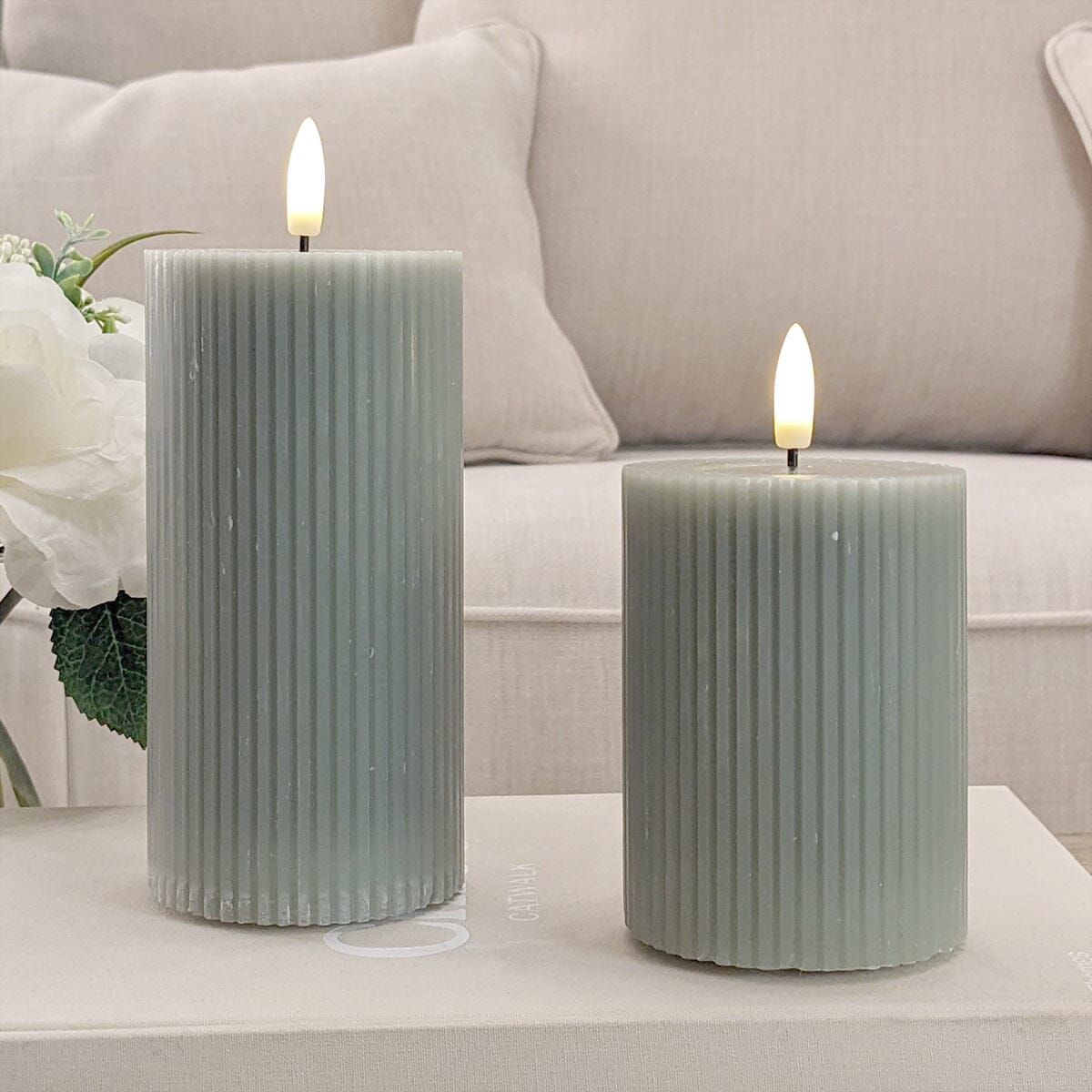 Medium Sage Green Realistic Ribbed LED Candle Fragrance