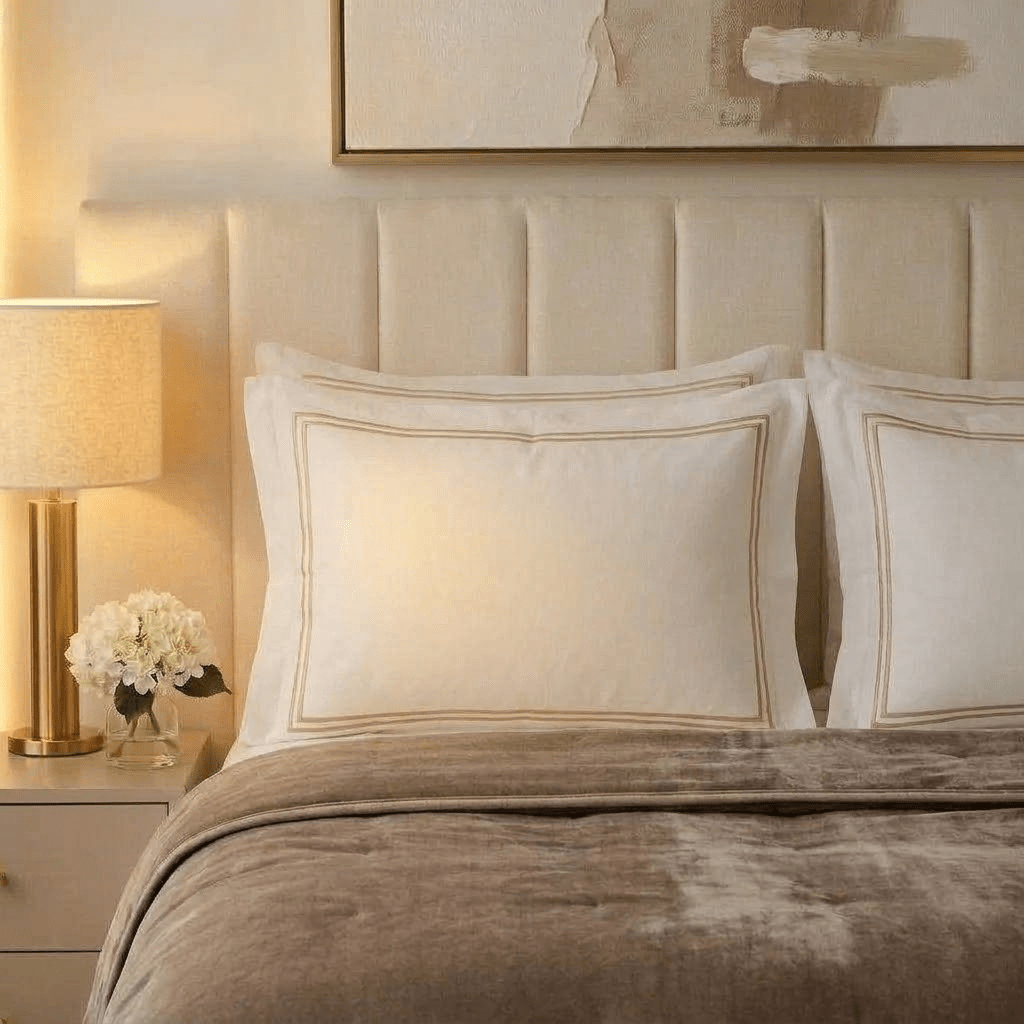 Meghan Champagne Embroidered Double Stitch Detail Pillowcase Pair Textiles