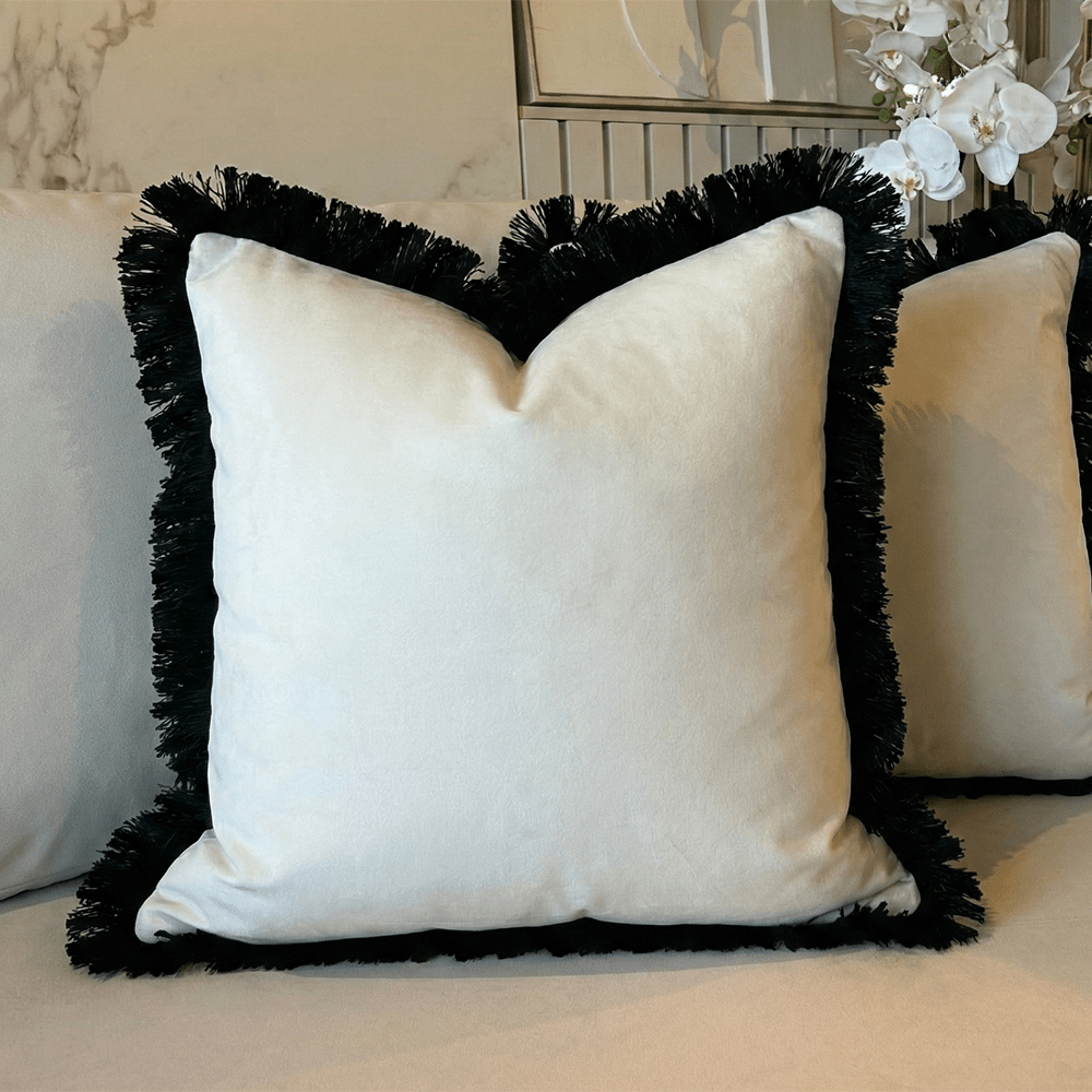 Melina Cream Velvet Cushion with Black Fringe Detailing- 50x50cm