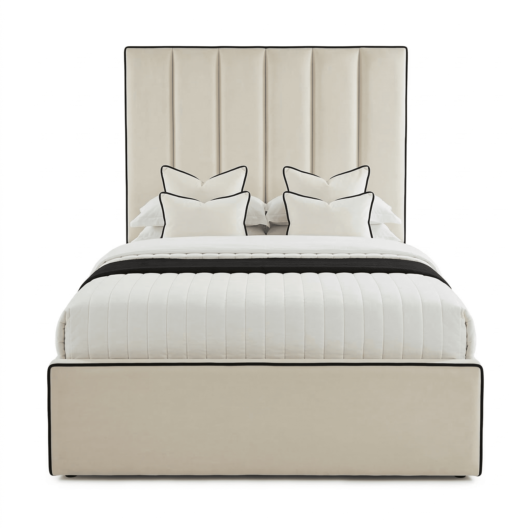 Mercer Cream Velvet Luxury Panelled Bed with Contrast Black Piping Beds and Headboards
