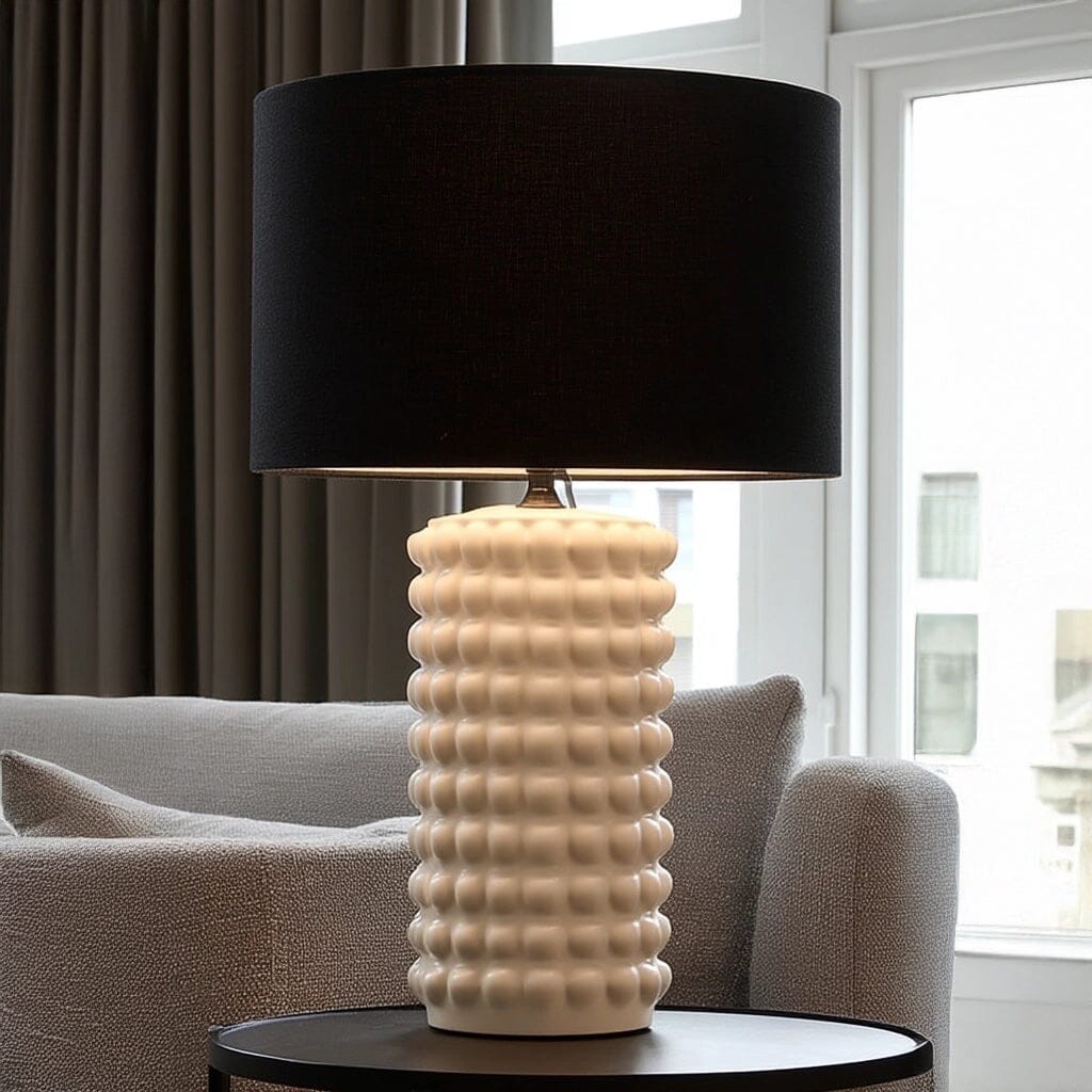 Mia White Bobbled Ceramic Table Lamp with Black Shade Lighting