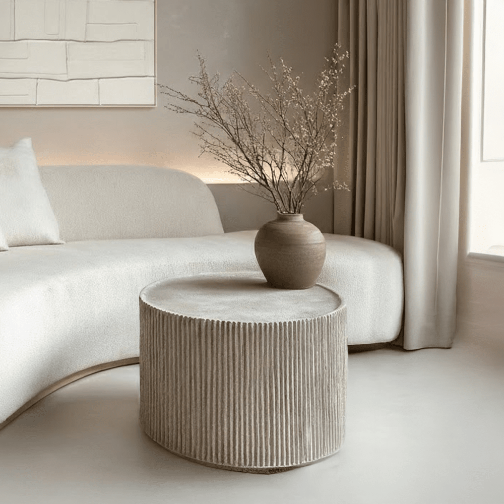 Mikono Natural Ribbed Stone Effect Round Coffee Table Furniture