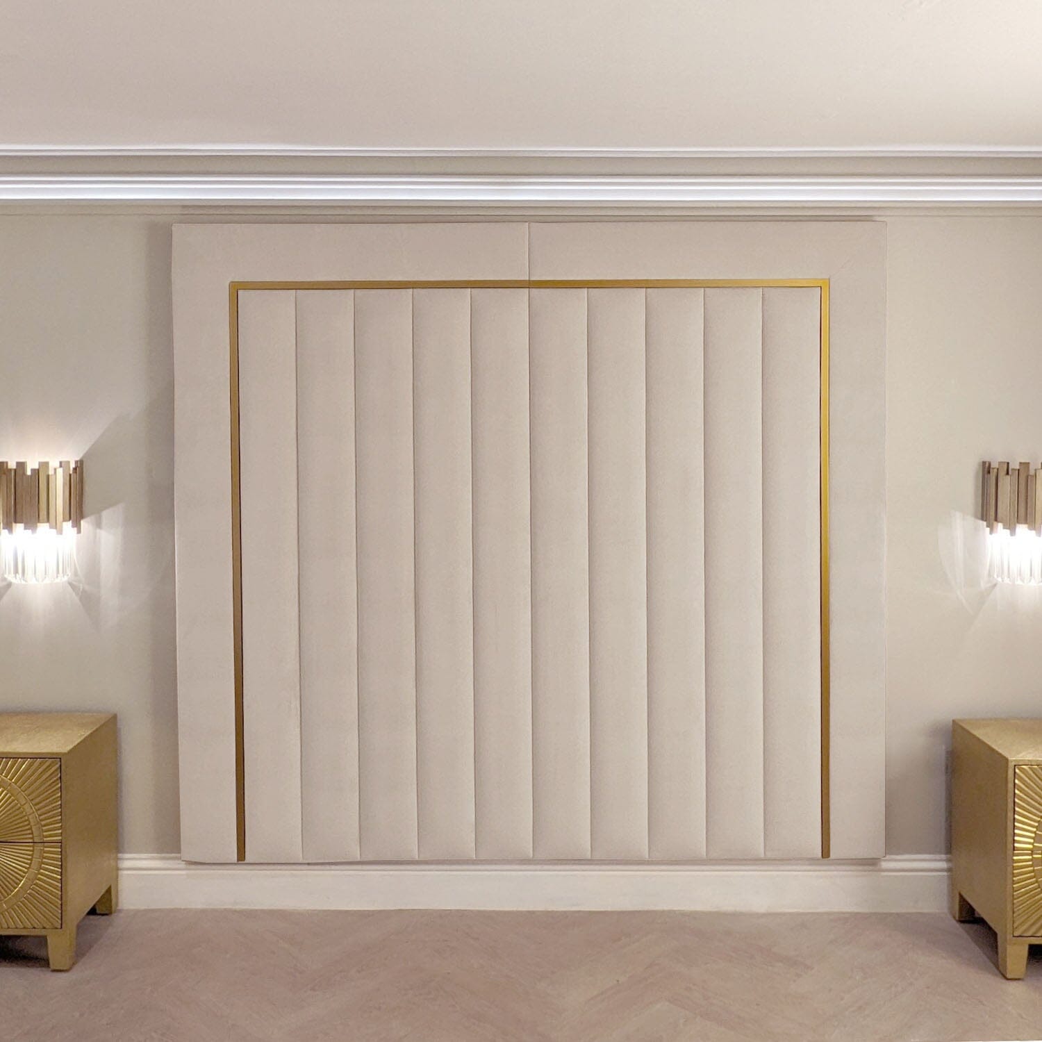 Milan Cream & Gold Channelled Luxury Headboard Beds and Headboards