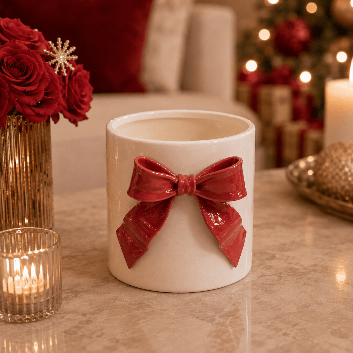 Mini Decorative Planter with Red Bow Accessories