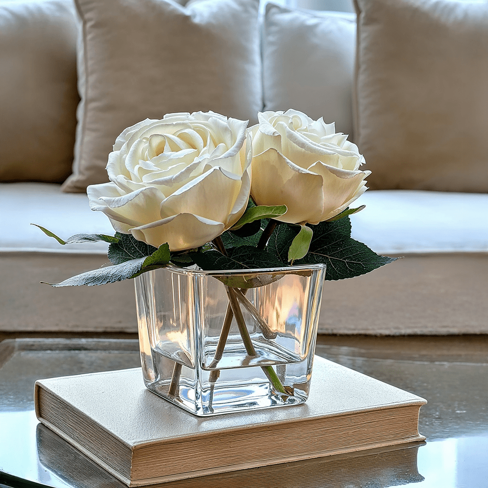 Mini Faux Cream Rose Floral Arrangement in Square Glass Vase Accessories