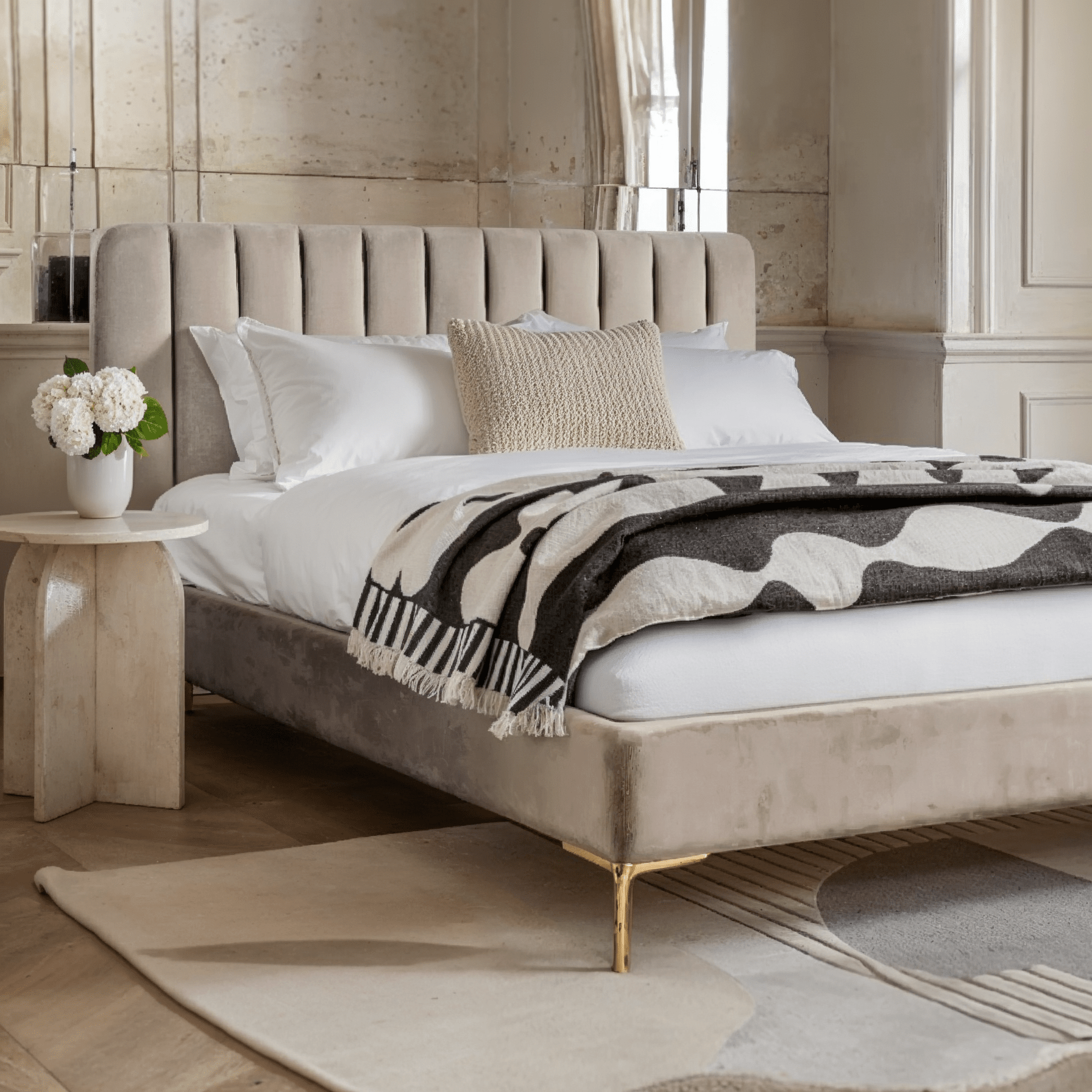 Mirabella Latte Velvet Luxury Channelled Bed with Gold Feet Beds and Headboards